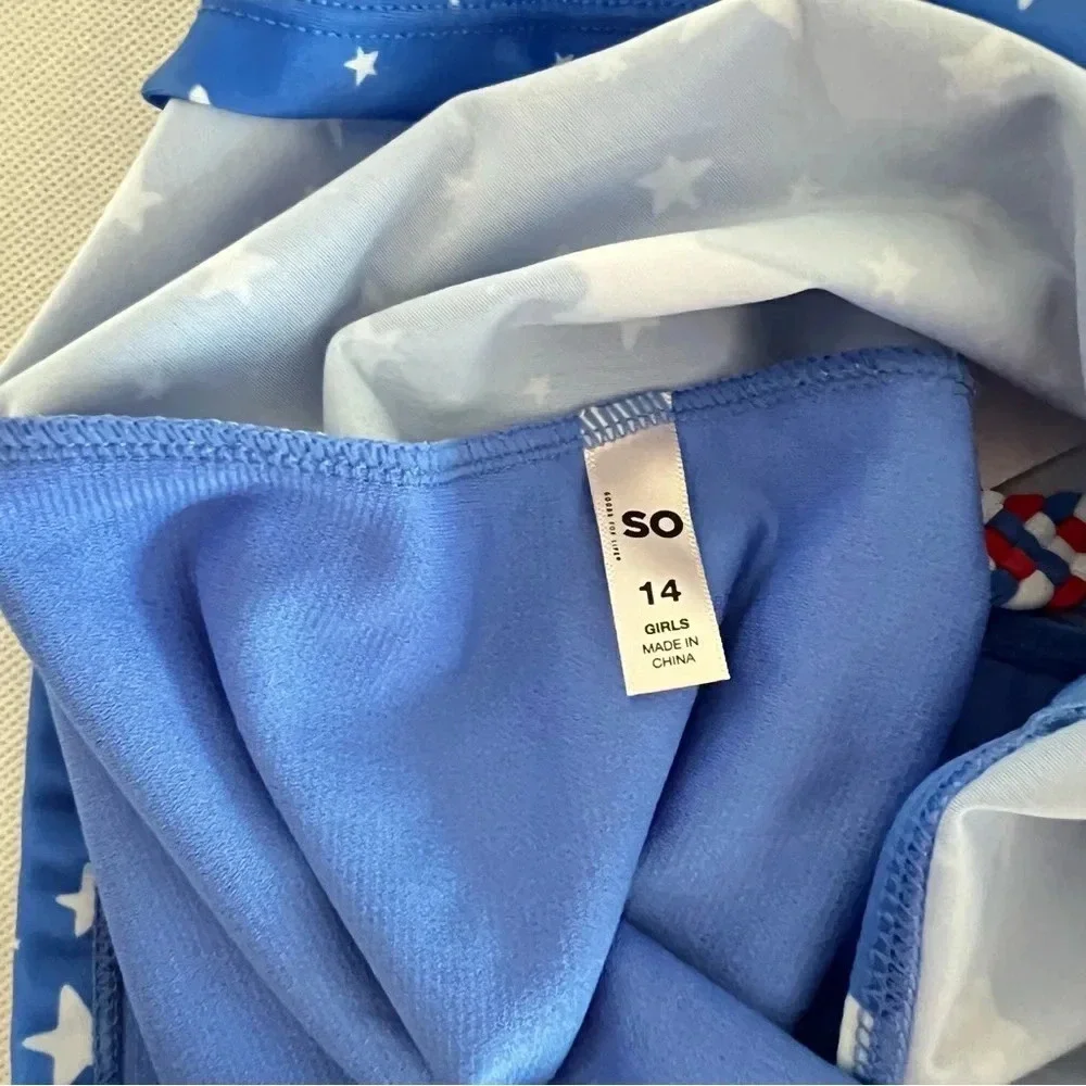 Swimsuit Two Piece Set Flag Print Lined Blue White Stars Size Girls 14 UPF 40+ - Picture 7 of 8